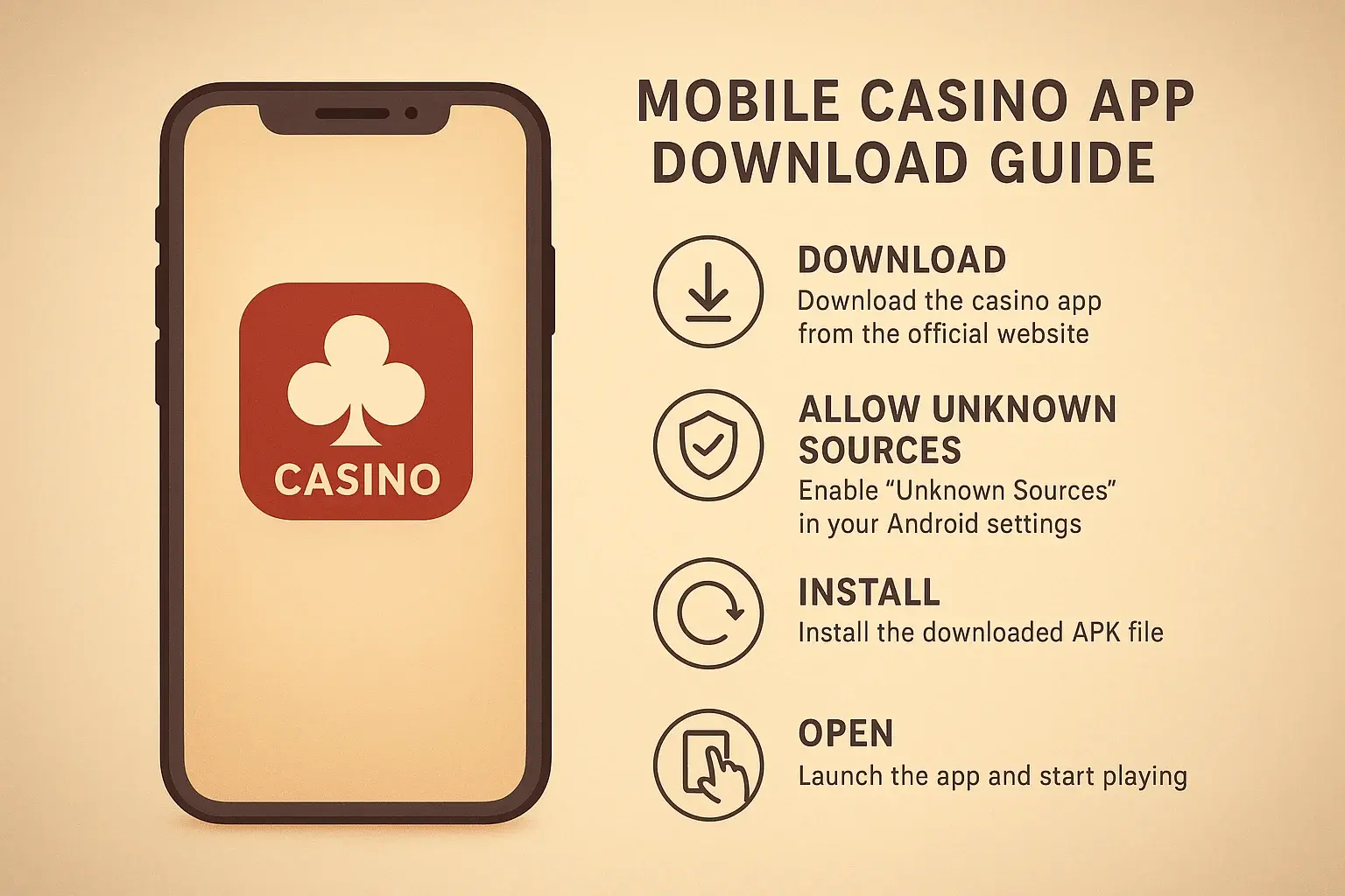 Modern infographic showing Android phone with mobile casino APK installation steps