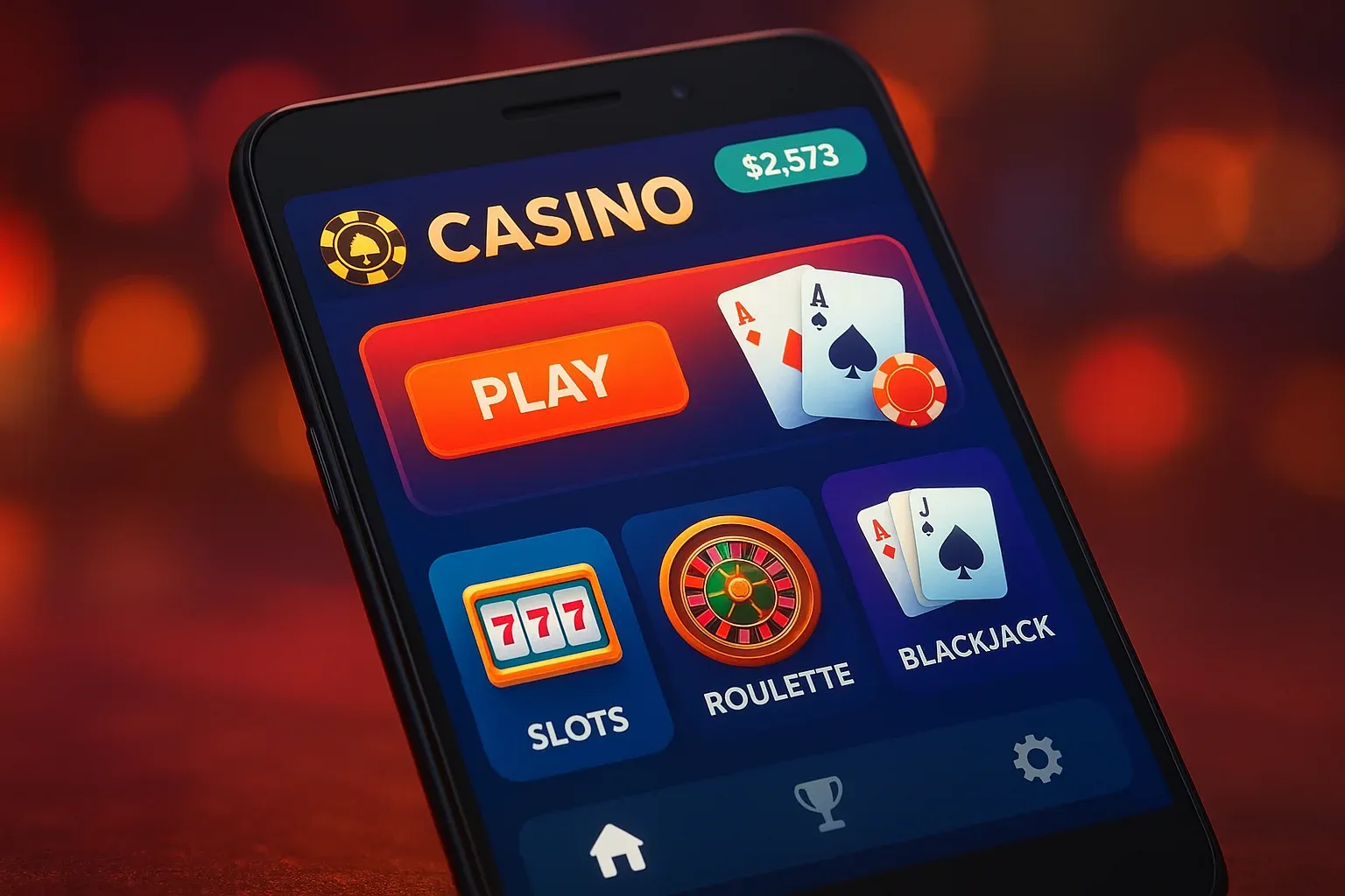 Android smartphone showing casino mobile app game lobby with vibrant UI