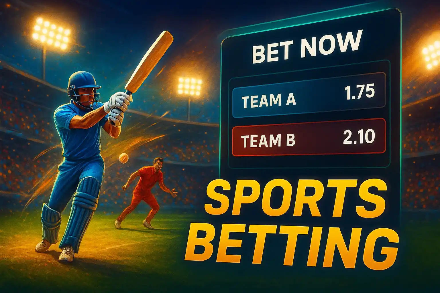 Sports betting banner with cricket action, stadium crowd, and betting interface
