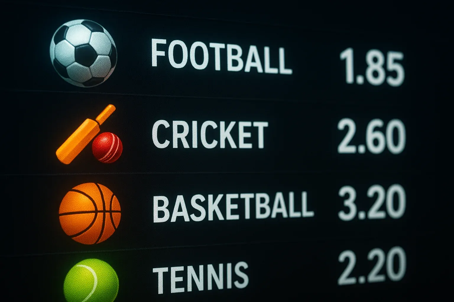 Sports betting markets display with football cricket basketball tennis odds
