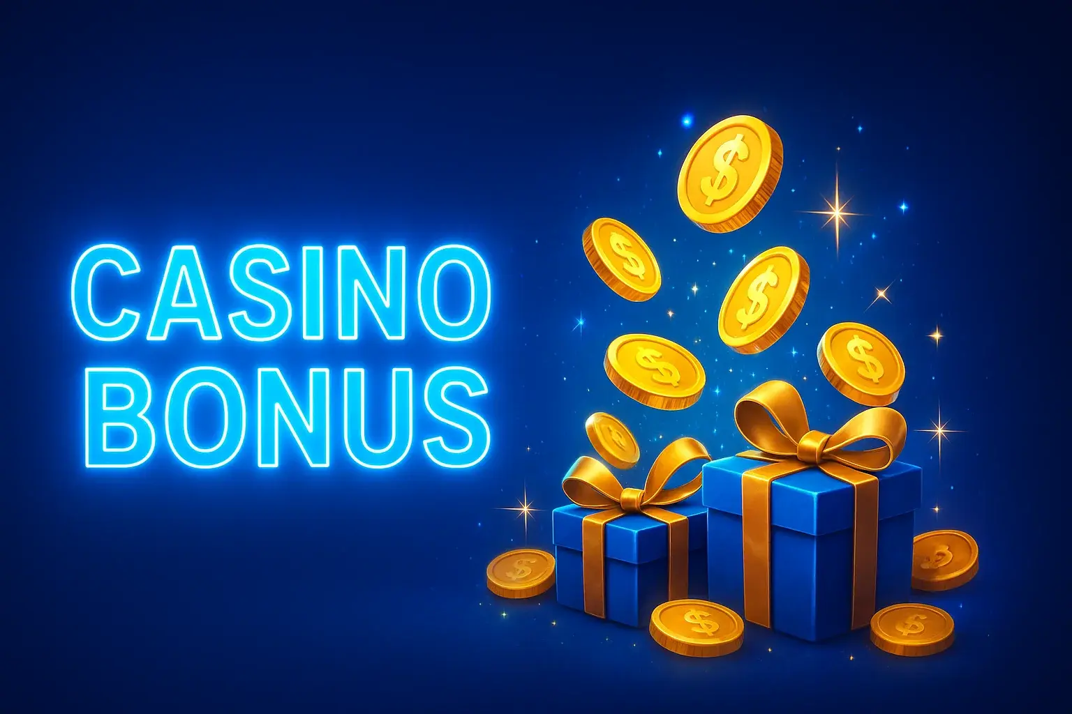Casino bonus banner with golden coins, gift boxes, and sparkles