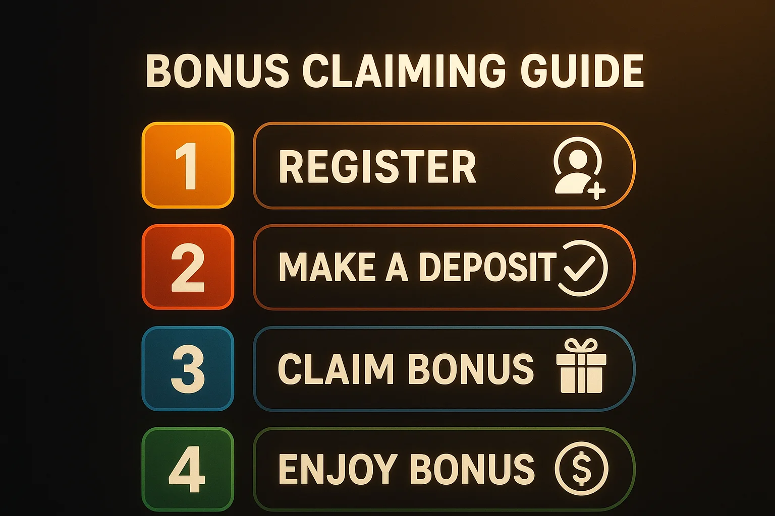 Step-by-step bonus claiming guide infographic with numbered steps and icons