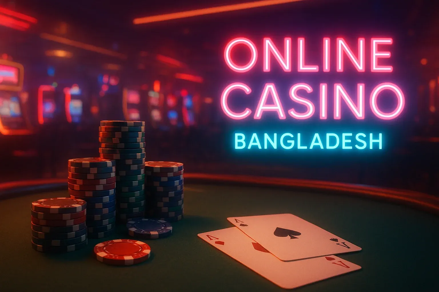 Luxury online casino hero banner with neon lights, chips and cards