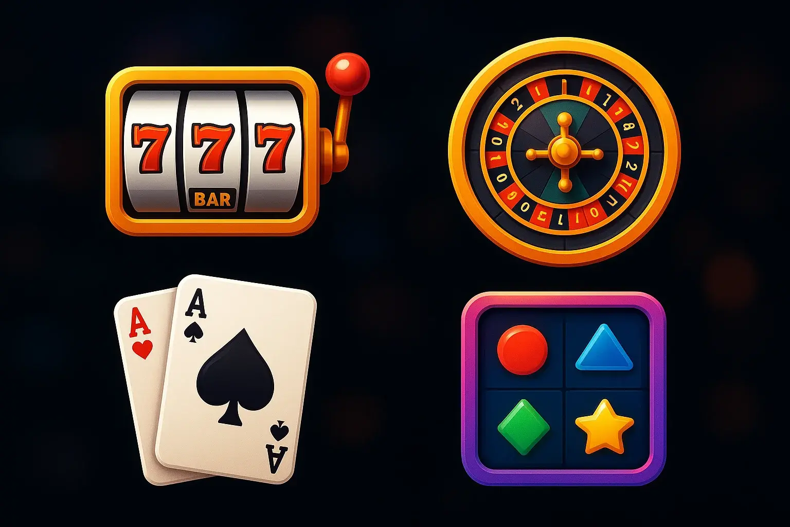 Popular casino game icons with slots, roulette, cards on dark background