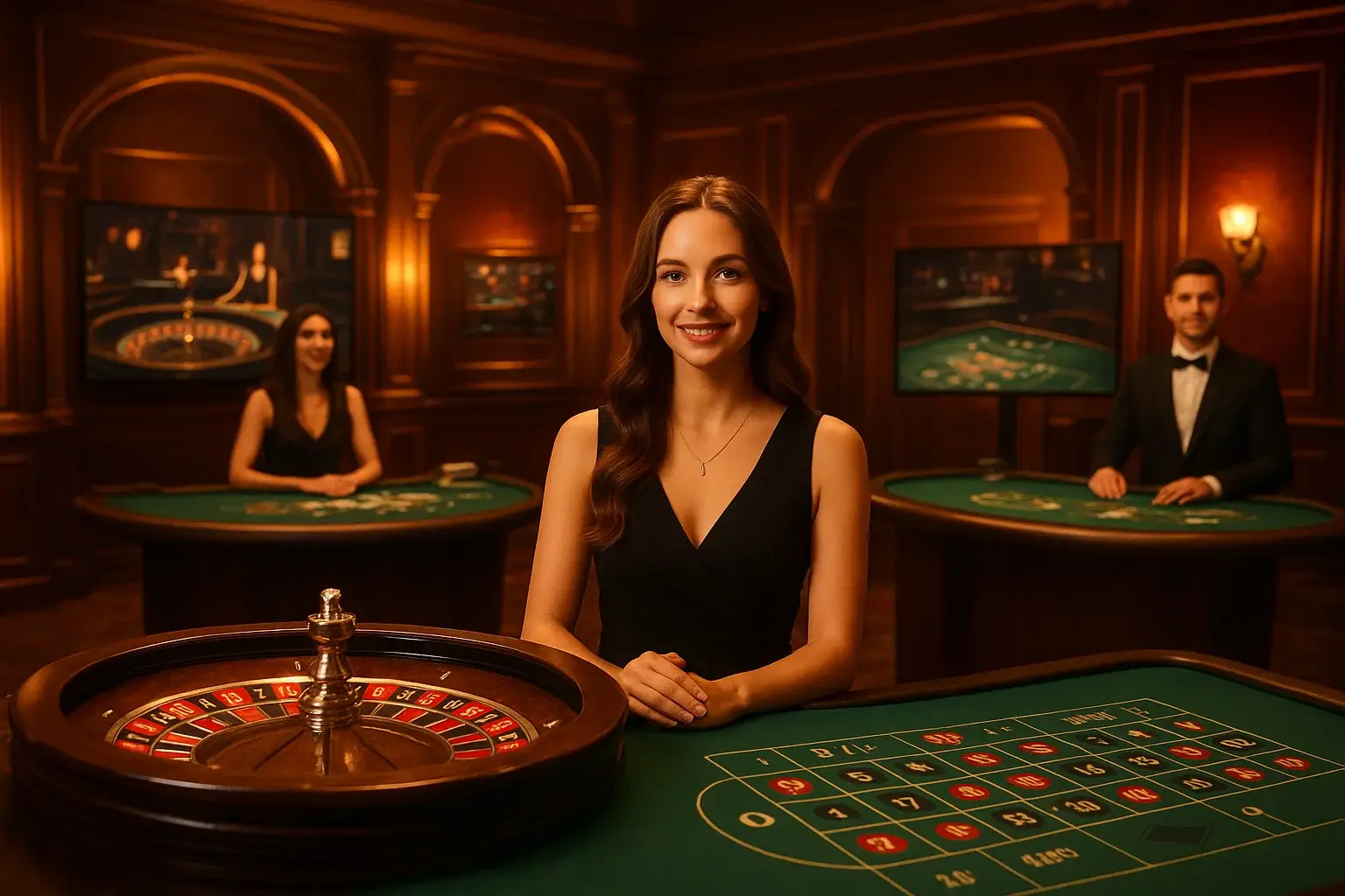 Elegant live casino studio with dealers, roulette and blackjack screens
