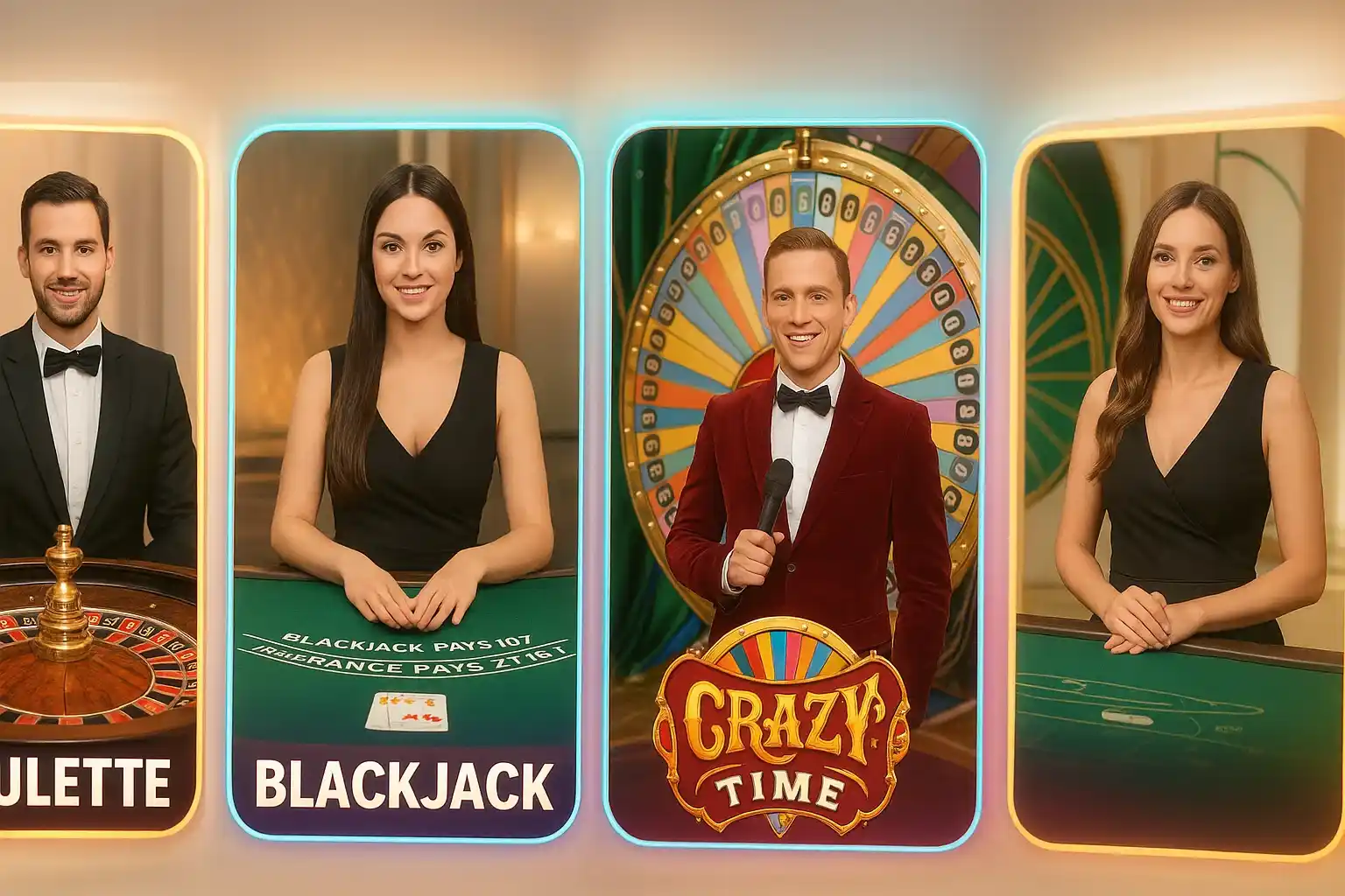 Live casino game cards with roulette, blackjack, Crazy Time dealer