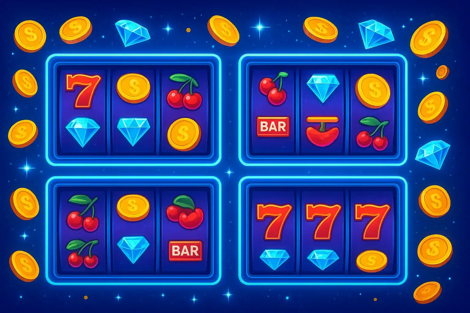 Colorful casino slot machines with coins, diamonds, sevens, and sparkle effects