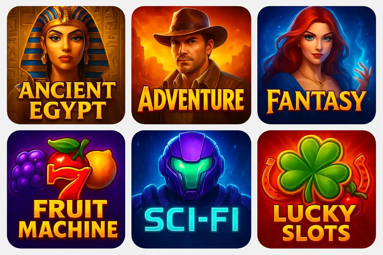 Grid of colorful slot game thumbnails with Egypt, fantasy, fruit, and sci-fi themes